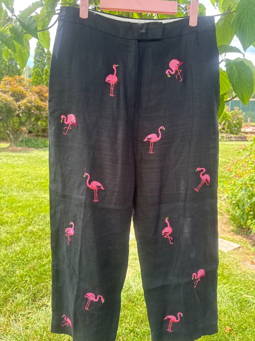 Dean & White Black 100% Linen Flamingo Embroidered Resort Vacation Crop Pants 12